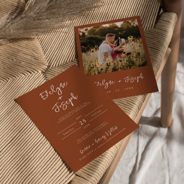 Minimalistisch Modern Burnt Orange Foto Boho Weddi Einladung (Von Creator hochgeladen)