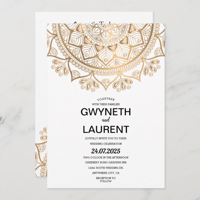 Minimalistisch Modern Golden Luxury Mandala Weddin Einladung (Vorne/Hinten)