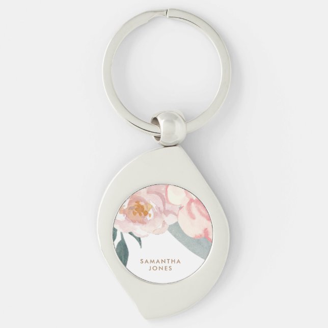 Minimalistisch Modern Pink Peonie Floral Schlüsselanhänger (Vorderseite)