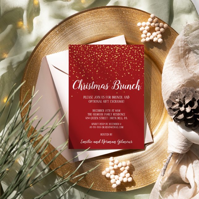 Minimalistisch Modern Red Christmas Brunch Gold Folieneinladung (Von Creator hochgeladen)