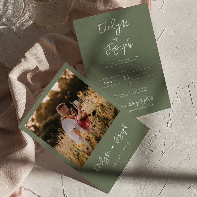 Minimalistisch Modern Sage Green Foto Boho Wedding Einladung (Von Creator hochgeladen)
