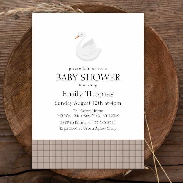 Minimalistisch Modern Swan Gingham Boy Baby Dusche Einladung (Minimalist Modern Swan Gingham Boy Baby Shower Invitation)
