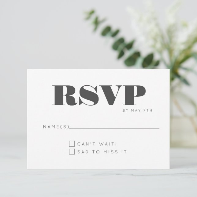 Minimalistisch Moderne, kühne Schwarz-weiße Fun-Ho RSVP Karte (Stehend Vorderseite)