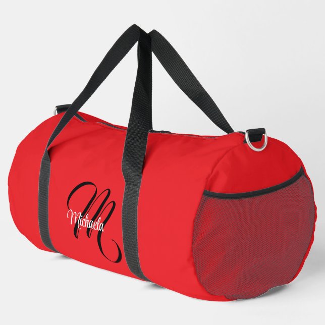Minimalistisch moderner Monogramm Anfangsname rot Duffle Bag (Rechte Ecke)