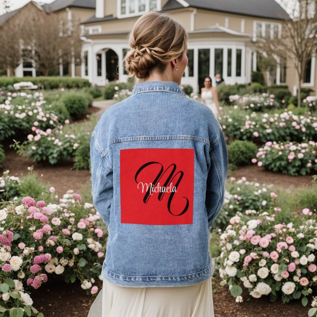 Minimalistisch moderner Monogramm Anfangsname rot Jeansjacke (Hochzeit Rückseite)
