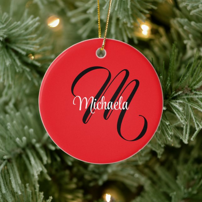 Minimalistisch moderner Monogramm Anfangsname rot Keramik Ornament (Baum)