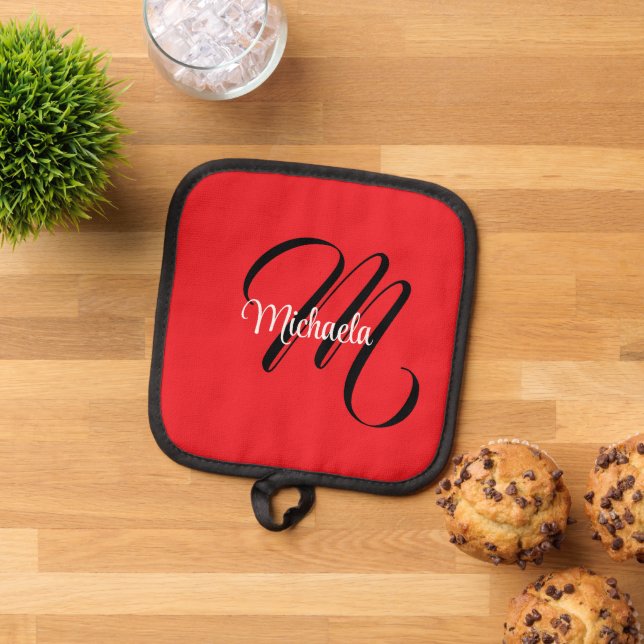 Minimalistisch moderner Monogramm Anfangsname rot Topflappen (Oben Unten)