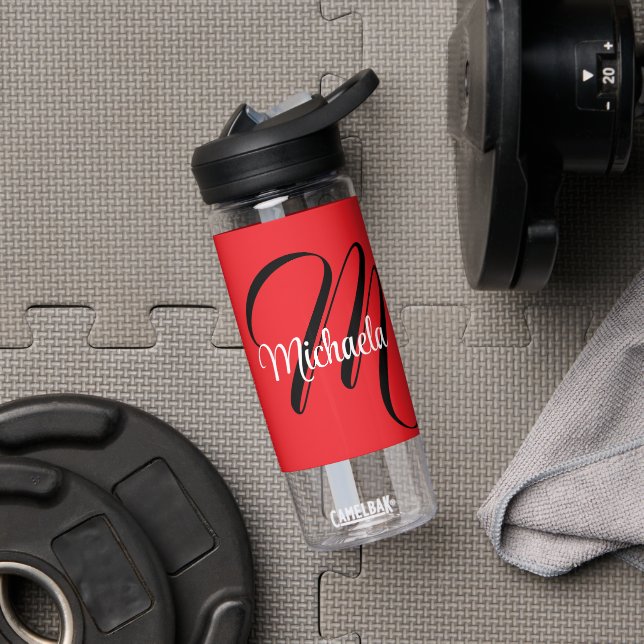 Minimalistisch moderner Monogramm Anfangsname rot Trinkflasche (Fitnessstudio)