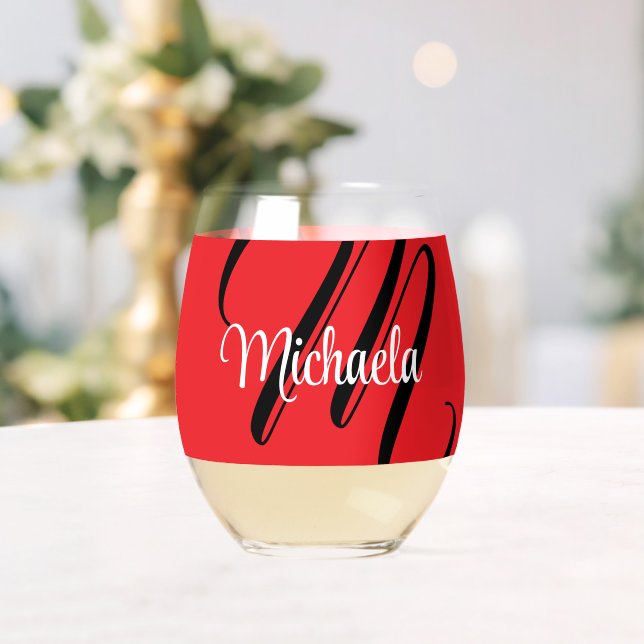 Minimalistisch moderner Monogramm Anfangsname rot Weinglas Ohne Stiel (Insitu (Hochzeit))