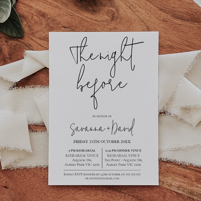 Minimalistisch Modernes Abendessen mit Schwarz-wei Einladung (Minimalist wedding rehearsal and dinner invitation with a modern calligraphy heading.)