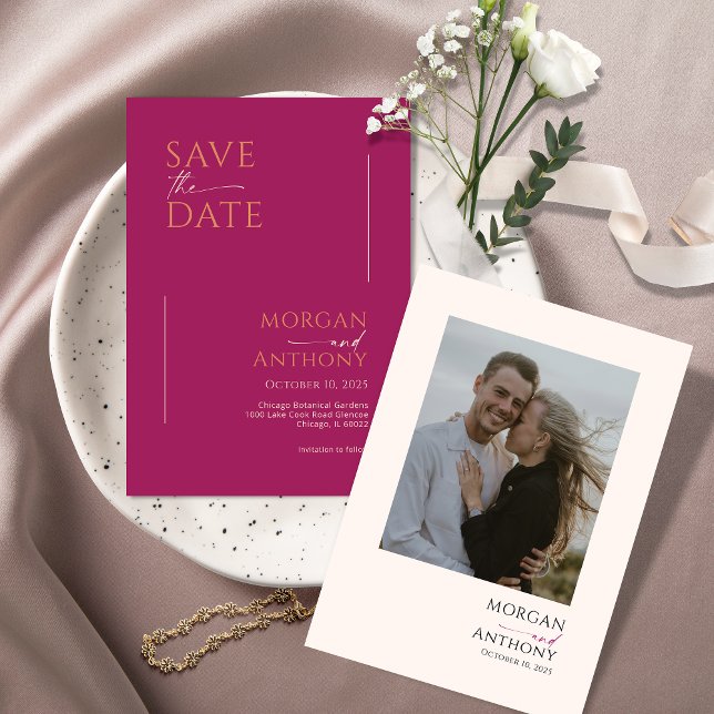 Minimalistisch Modernes Foto Magenta Creme Save The Date (Von Creator hochgeladen)