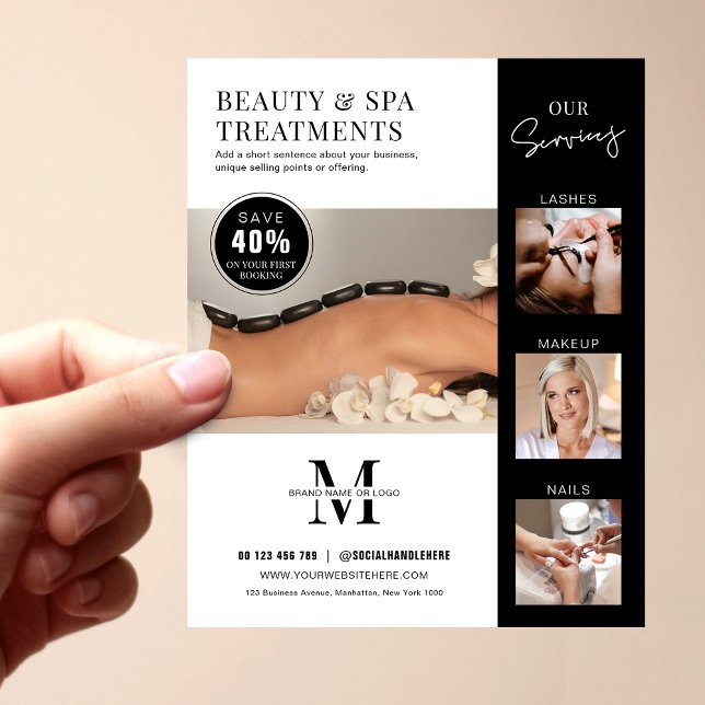 Minimalistisch Modernes Salon Beauty Business Mark Flyer (Modern business marketing flyer with photos, your services and your logo)
