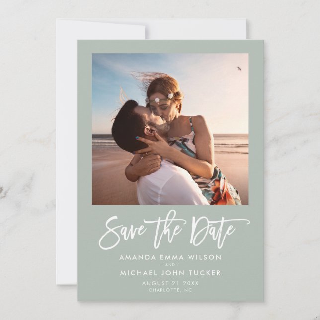 Minimalistisch Modernes Script Greenery Chic Foto Save The Date (Vorderseite)