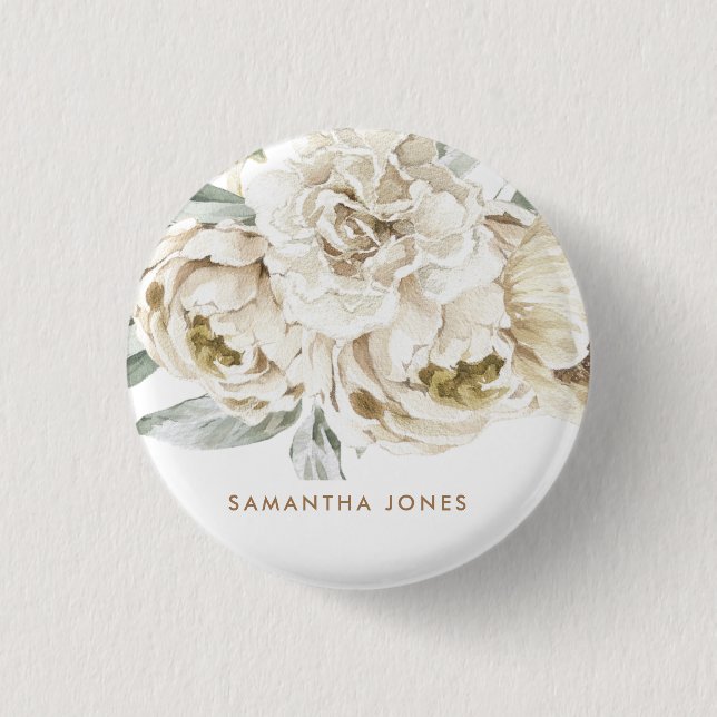 Minimalistisch Modernes Weißes Peonie-Gebirge Button (Vorderseite)