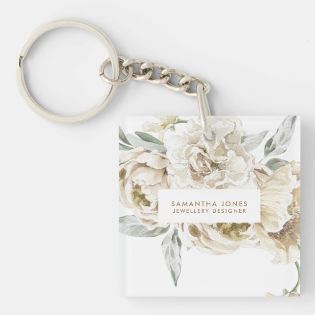 Minimalistisch Modernes Weißes Peonie-Gebirge Schlüsselanhänger (Vorderseite)