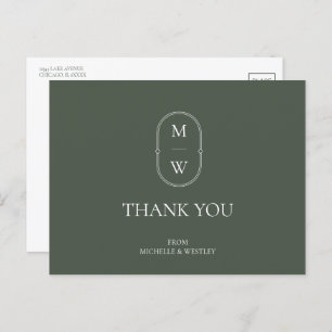 Minimalistisch Mongram Moss Green Wedding Danke Postkarte