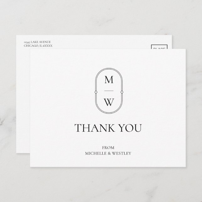 Minimalistisch Monogram Schwarz-weiß Wedding Danke Postkarte (Vorne/Hinten)
