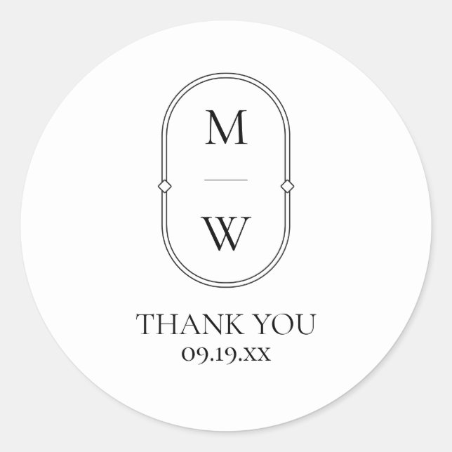 Minimalistisch Monogram Schwarz-weiß Wedding Danke Runder Aufkleber (Vorderseite)