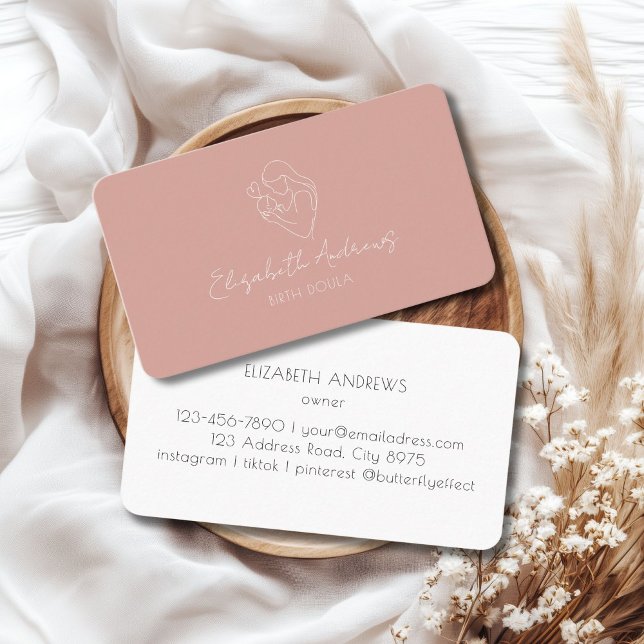 Minimalistisch Mother & Baby Line Art - Doula, Mid Visitenkarte (Minimalist Mother & Baby Line Art – Doula, Midwife, Dusty Rose Business Card)