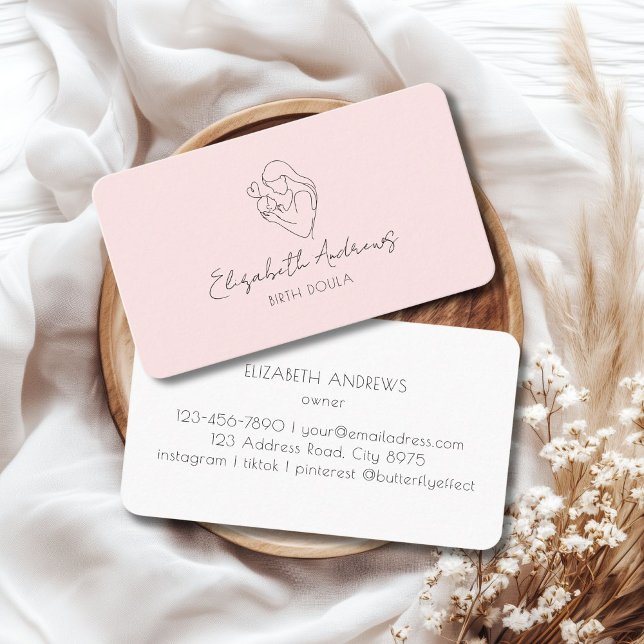 Minimalistisch Mother & Baby Line Art - Doula, Mid Visitenkarte (Minimalist Mother & Baby Line Art – Doula, Midwife, Blush-Pink Business Card)