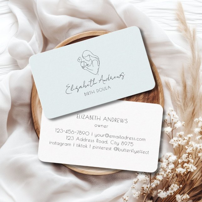 Minimalistisch Mother & Baby Line Art - Doula, Mid Visitenkarte (Minimalist Mother & Baby Line Art – Doula, Midwife, Light-Blue Business Card)