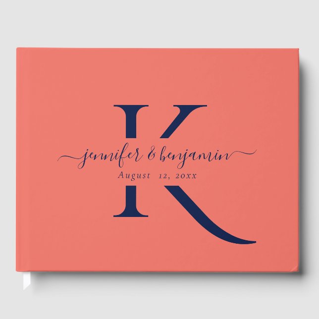Minimalistisch Navy Blue Coral Script Monogram Wed Gästebuch (Vorderseite)