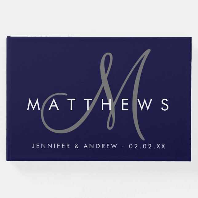 Minimalistisch Navy Blue Modern Gray Monogram Wedd Gästebuch (Vorderseite)