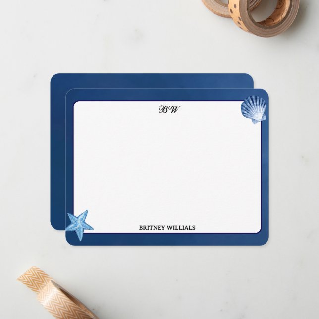 Minimalistisch Navy Blue Monogram Initial Mitteilungskarte (Vorderseite/Rückseite Beispiel)