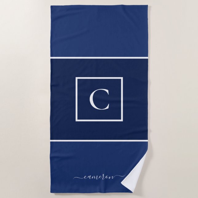 Minimalistisch Navy Blue Monogram Personalisiert Strandtuch (Vorderseite)