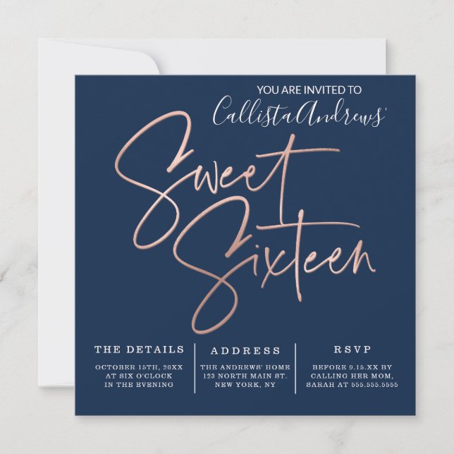 Minimalistisch Navy Blue Rose Gold Typografie Swee Einladung (Vorderseite)