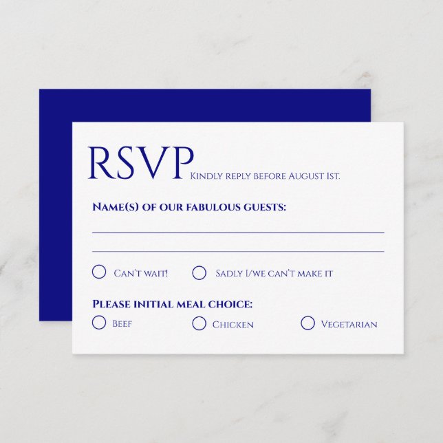 Minimalistisch Navy Blue Wedding Response Card RSVP Karte (Vorne/Hinten)