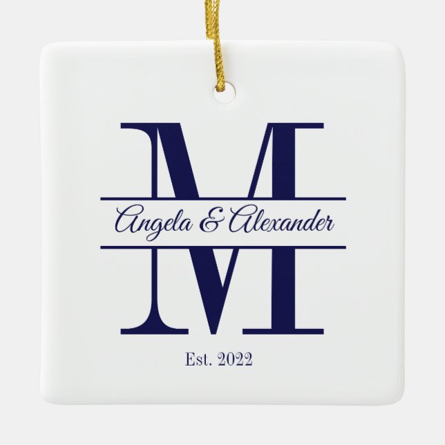 Minimalistisch Navy Blue Wedding Split Monogram Keramikornament (Vorderseite)