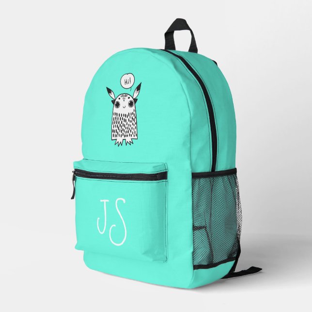 Minimalistisch niedliches Monster Aquamarine Bedruckter Rucksack (Rückseitige Ecke Rechts)
