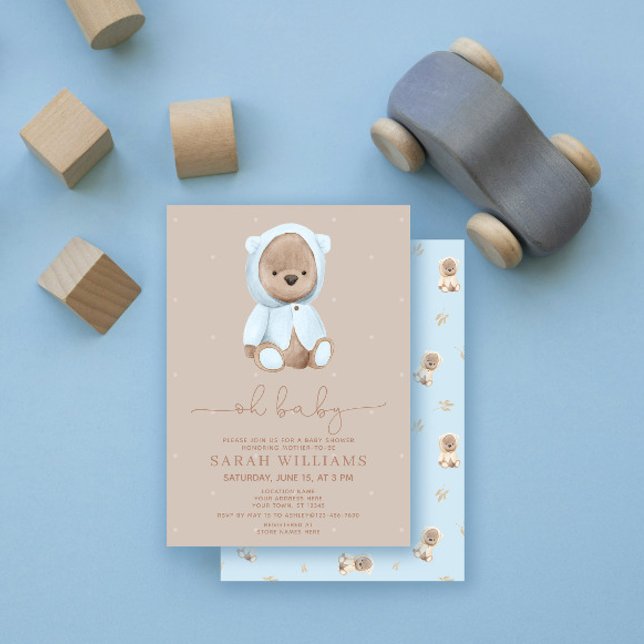 Minimalistisch Oh Baby Dusty Blue Bear Baby Dusche Einladung (Von Creator hochgeladen)