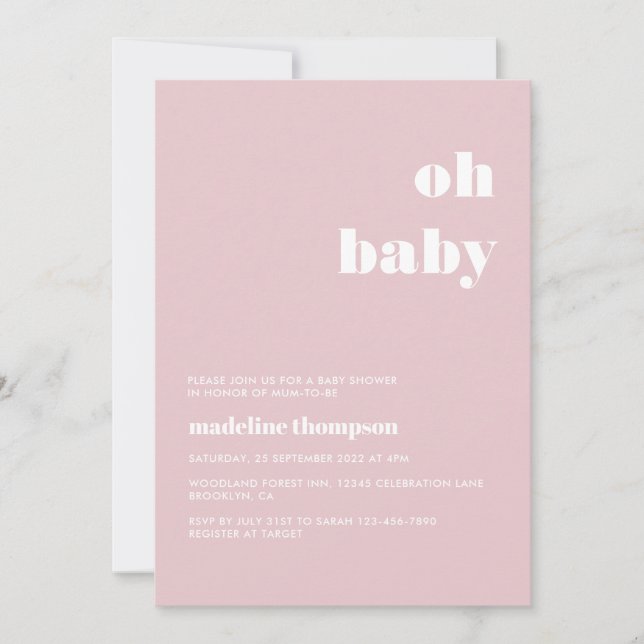 Minimalistisch Oh Baby Pastel Pink Babydusche Einladung (Vorderseite)