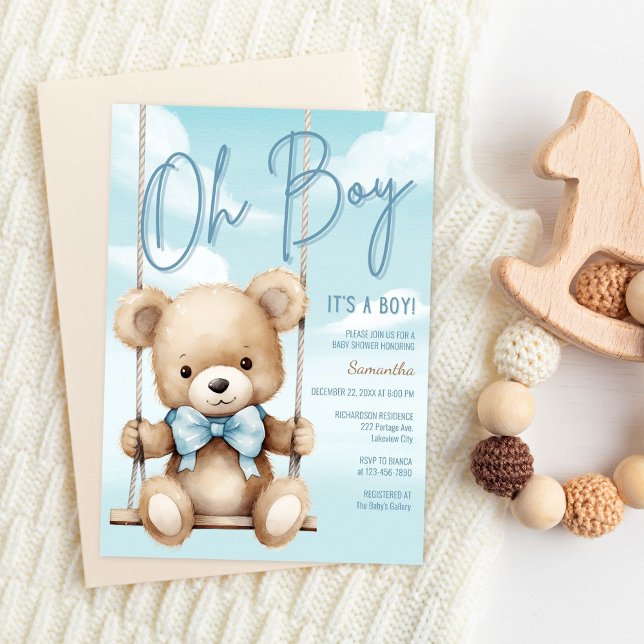 Minimalistisch Oh Junge, es ist eine Baby Blue Bea Einladung (Soft teddy bear baby shower invitation with watercolor design and neutral styling)