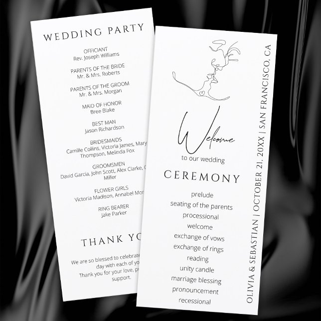 Minimalistisch One Line Art Kissing Couple Wedding Programm (Von Creator hochgeladen)