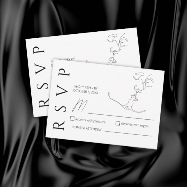Minimalistisch One Line Art Kissing Couple Wedding RSVP Karte (Von Creator hochgeladen)