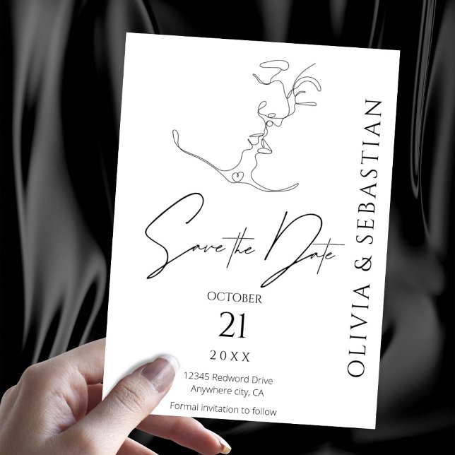 Minimalistisch One Line Art Kissing Couple Wedding Save The Date (Von Creator hochgeladen)