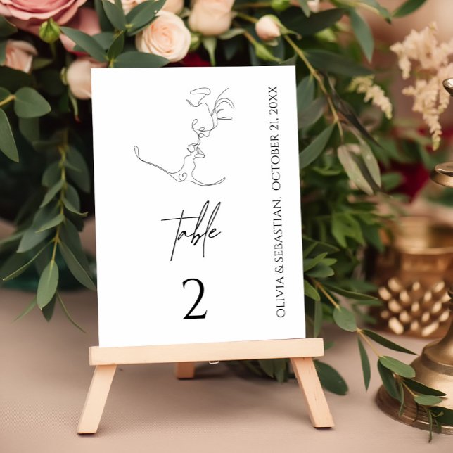 Minimalistisch One Line Art Kissing Couple Wedding Tischnummer (Von Creator hochgeladen)