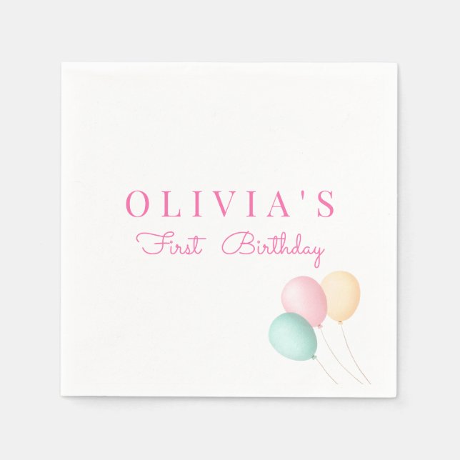 Minimalistisch Pink Blue Yellow Ballon Erster Gebu Serviette (Vorderseite)