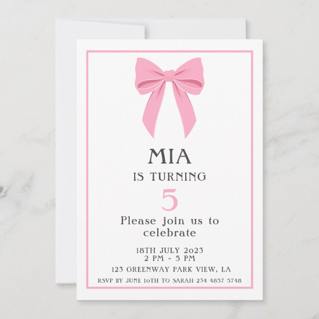 Minimalistisch Pink Coquette Bow Birthday Girl Einladung (Vorderseite)
