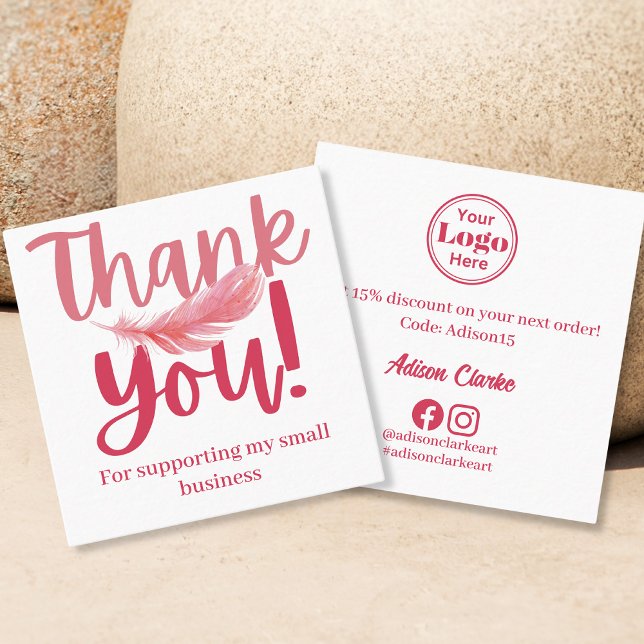 Minimalistisch Pink Feather Vielen Dank Branding Quadratische Visitenkarte (Von Creator hochgeladen)