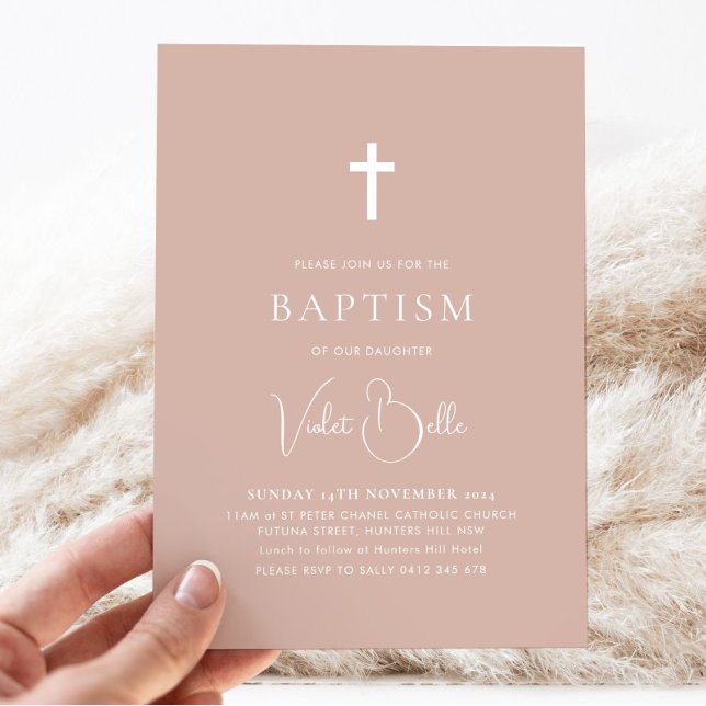 Minimalistisch Pink Girls Christening Taufe Einladung (Pink Baptism Invitation)