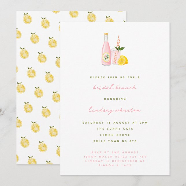 Minimalistisch Pink Lemonade Bridal Brunch Einladung (Vorne/Hinten)