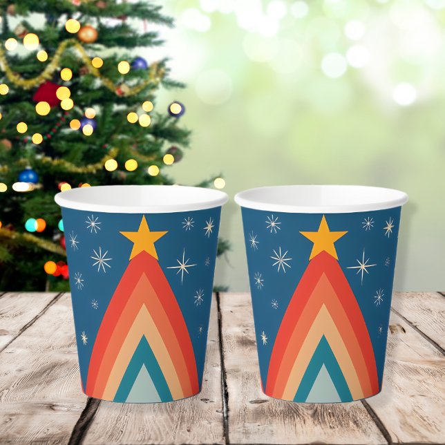 Minimalistisch Red & Blue Retro Groovy Weihnachtsb Pappbecher (Von Creator hochgeladen)