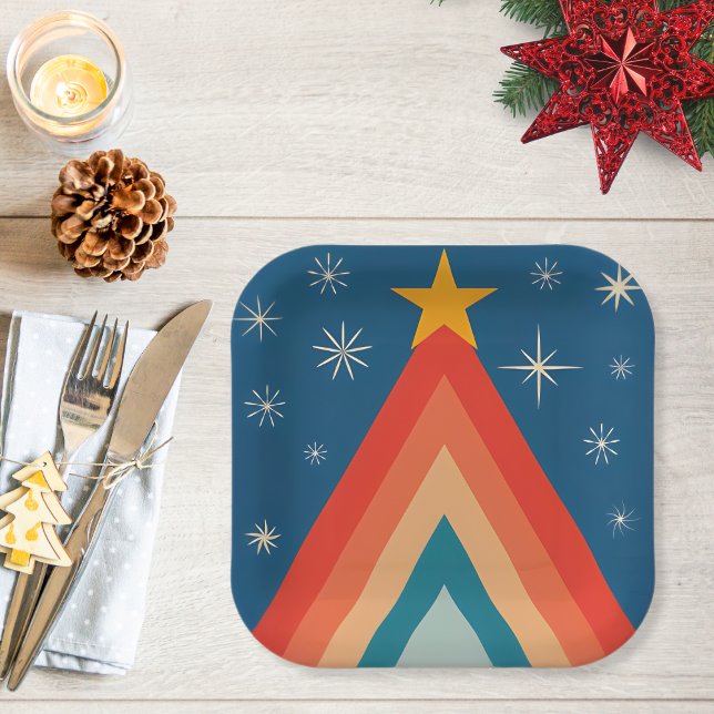 Minimalistisch Red & Blue Retro Groovy Weihnachtsb Pappteller (Von Creator hochgeladen)