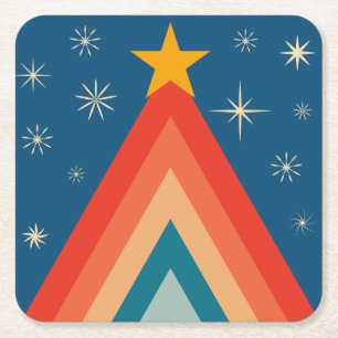 Minimalistisch Red & Blue Retro Groovy Weihnachtsb Rechteckiger Pappuntersetzer