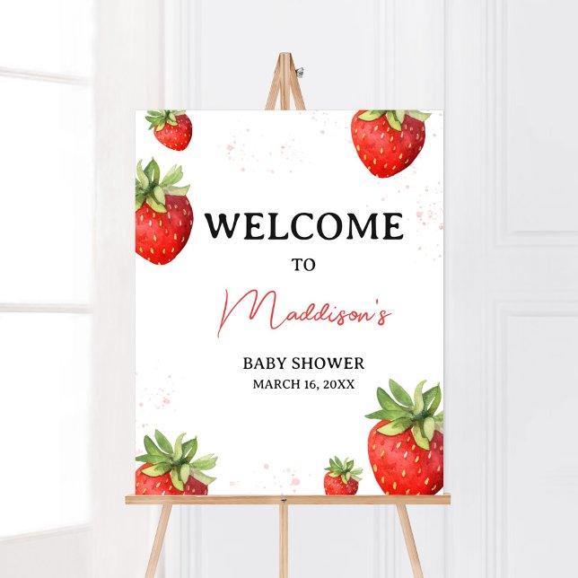 Minimalistisch Red Strawberry Willkommen Poster (Berry Sweet Baby Shower Welcome Sign)