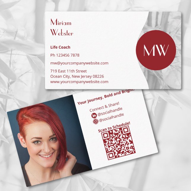 Minimalistisch Red White Life Coach Personal Visitenkarte (Minimalist Red White Life Coach Personal Business Card, Profile Photo, QR code, Initials)